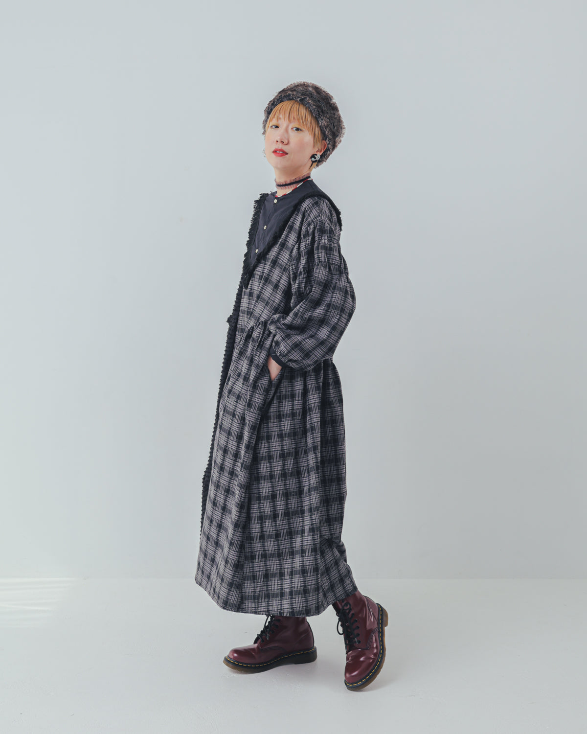 2ピースモノトーンチェック柄ワンピース  ladies [352-0104-2]