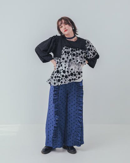 フロッキードットフリルワイドパンツ  ladies   [352-0903-2]