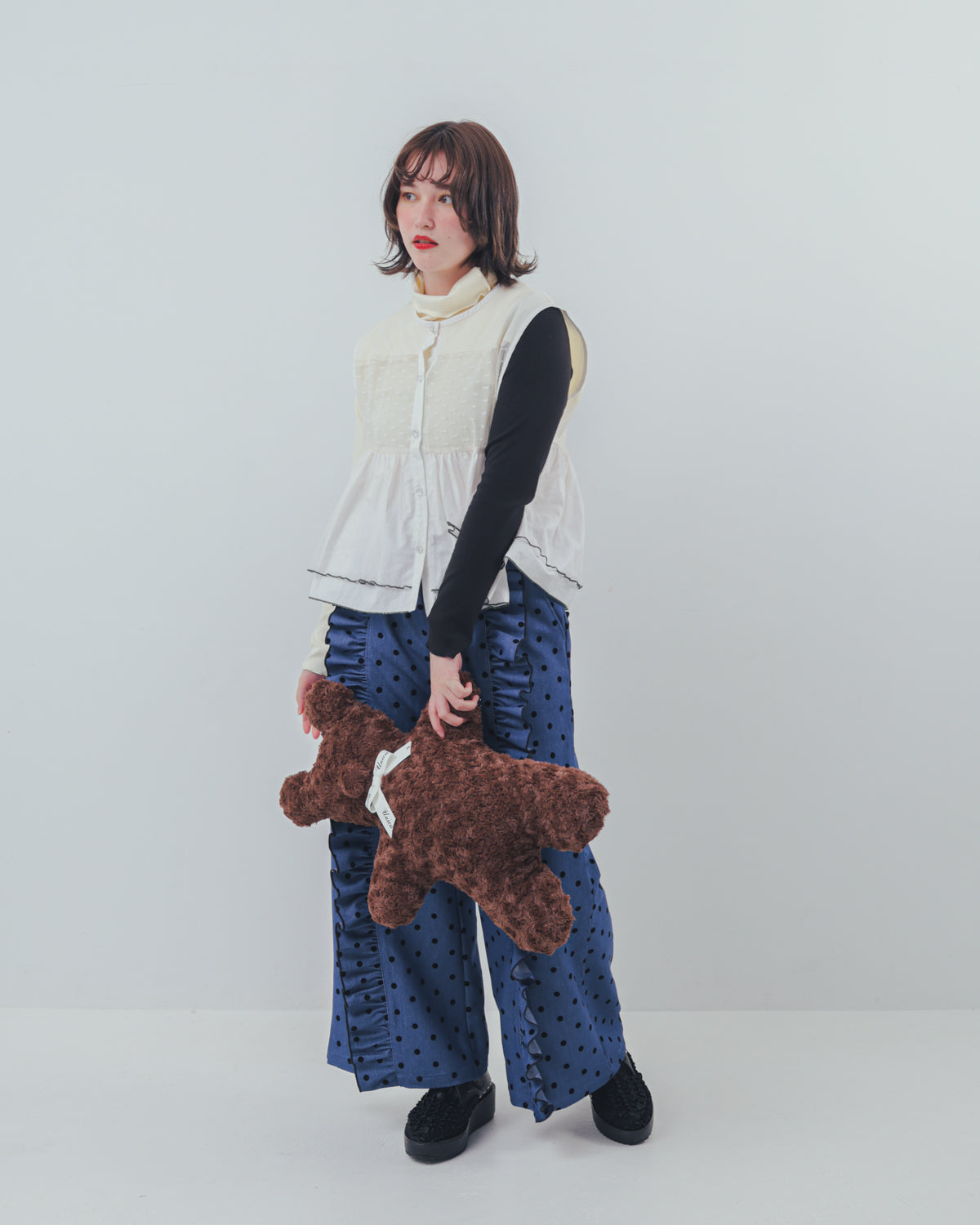 フロッキードットフリルワイドパンツ  ladies   [352-0903-2]