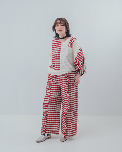 ブロックチェックフリルワイドパンツ  ladies  [352-0901-2]