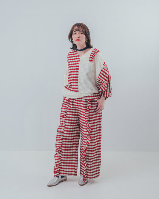 ブロックチェックフリルワイドパンツ  ladies  [352-0901-2]
