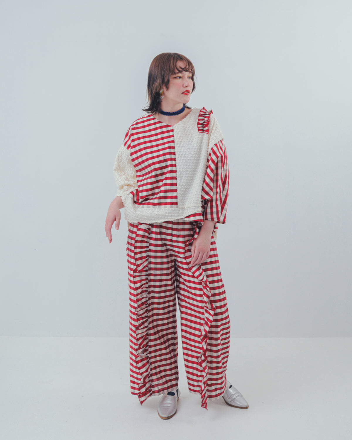 ブロックチェックフリンジドルマンブラウス  ladies  [352-0605-2]