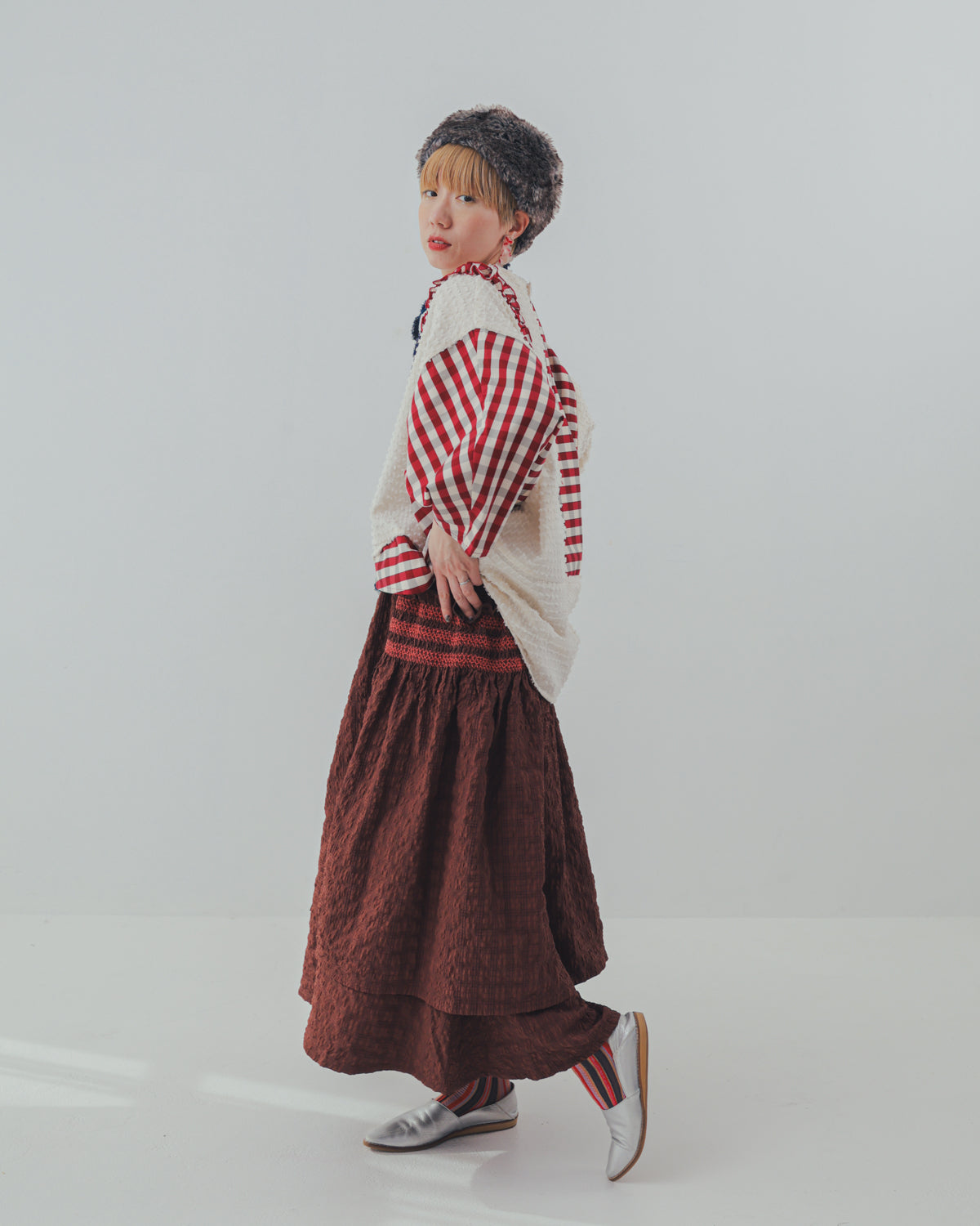 ブロックチェックフリンジドルマンブラウス  ladies  [352-0605-2]