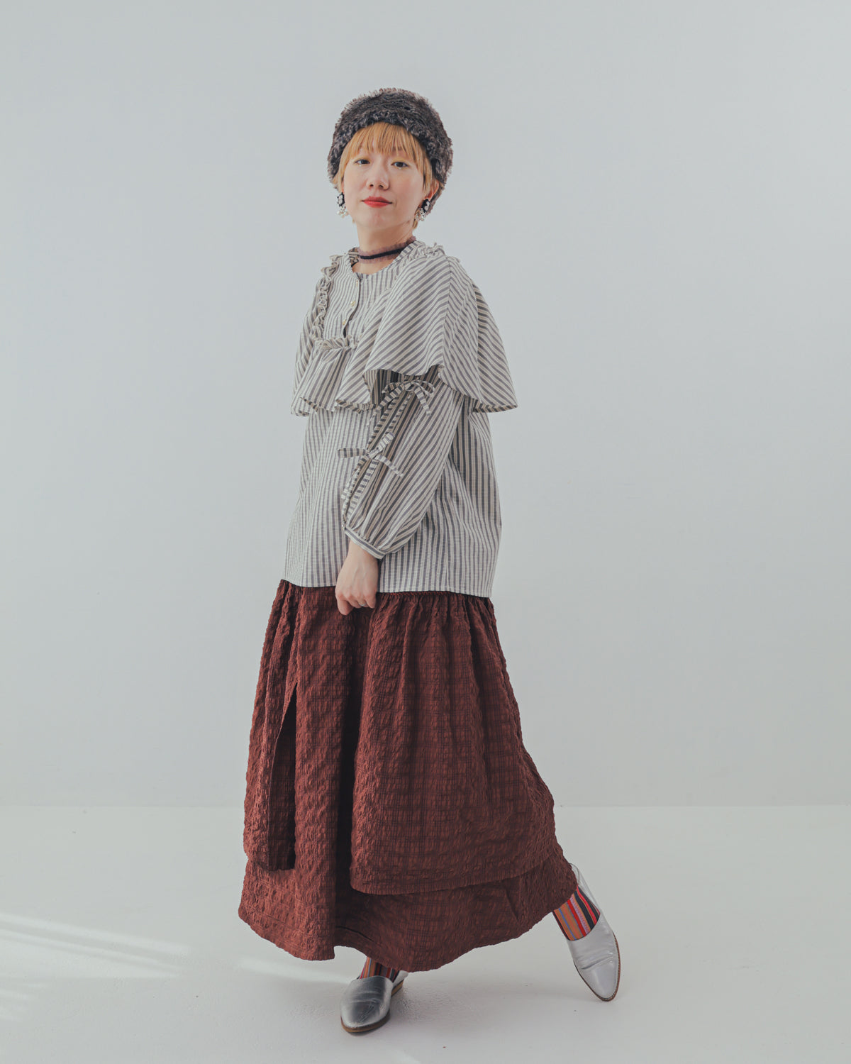 ストライプリボンカットアウトブラウス  ladies  [352-0602-2]
