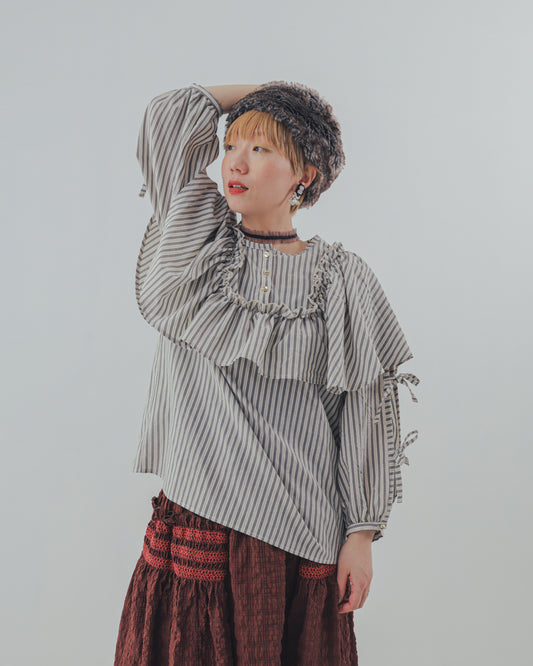 ストライプリボンカットアウトブラウス  ladies  [352-0602-2]