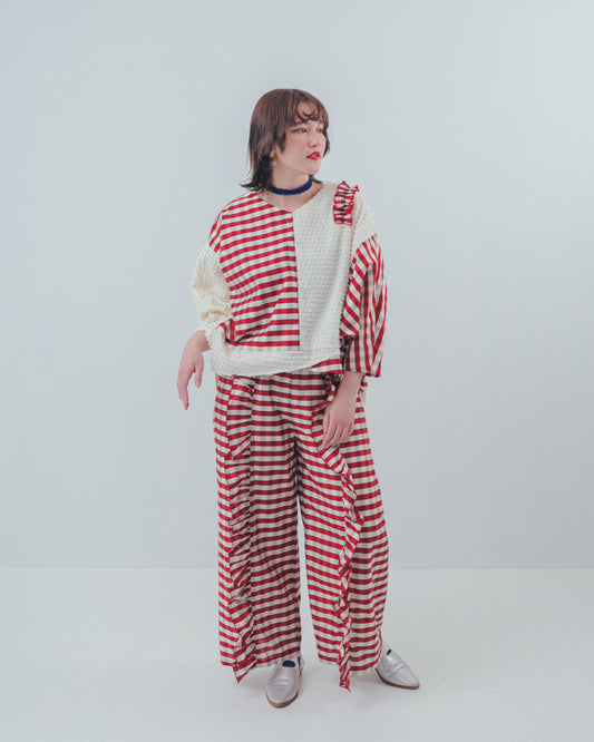 ブロックチェックフリルワイドパンツ  ladies  [352-0901-2]