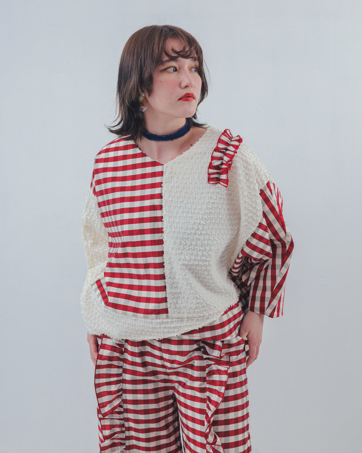 ブロックチェックフリンジドルマンブラウス  ladies  [352-0605-2]