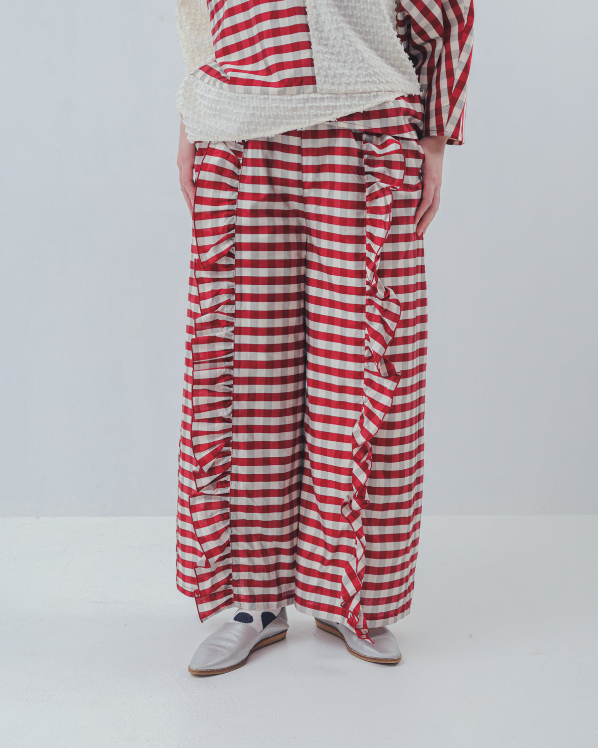 ブロックチェックフリルワイドパンツ  ladies  [352-0901-2]