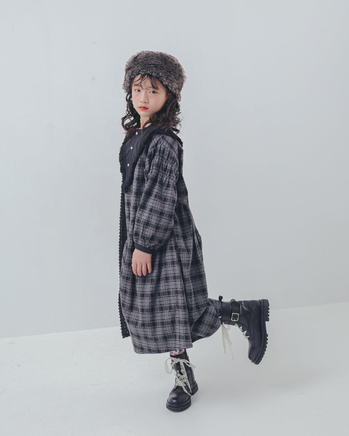 2ピースモノトーンチェック柄ワンピース  [352-0104-1]