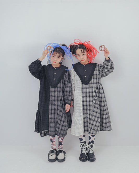 2ピースモノトーンチェック柄ワンピース  [352-0104-1]