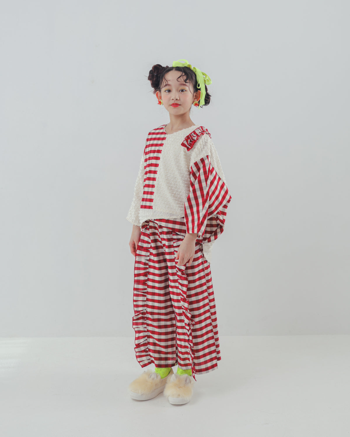 ブロックチェックフリルワイドパンツ    [352-0901-1]