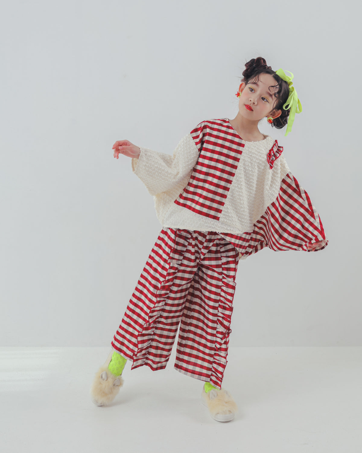 ブロックチェックフリルワイドパンツ    [352-0901-1]