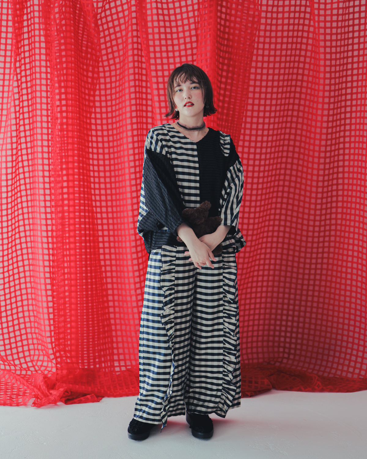 ブロックチェックフリンジドルマンブラウス  ladies  [352-0605-2]