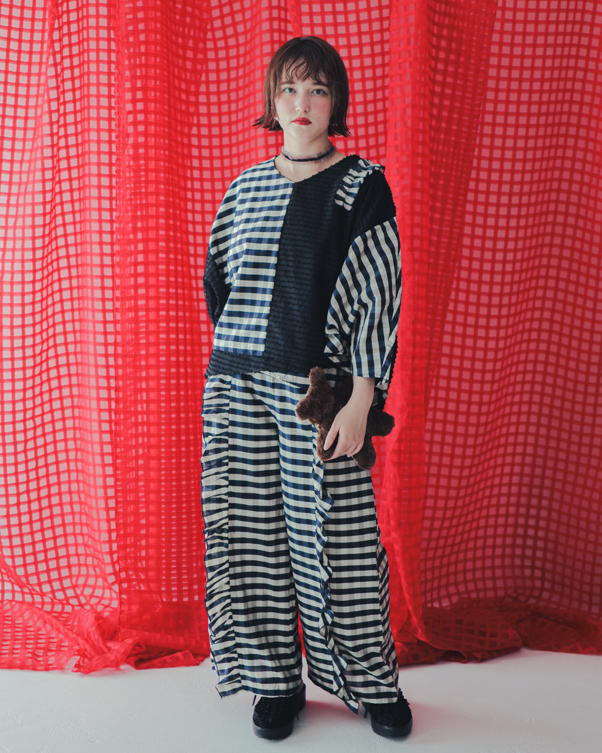 ブロックチェックフリンジドルマンブラウス  ladies  [352-0605-2]