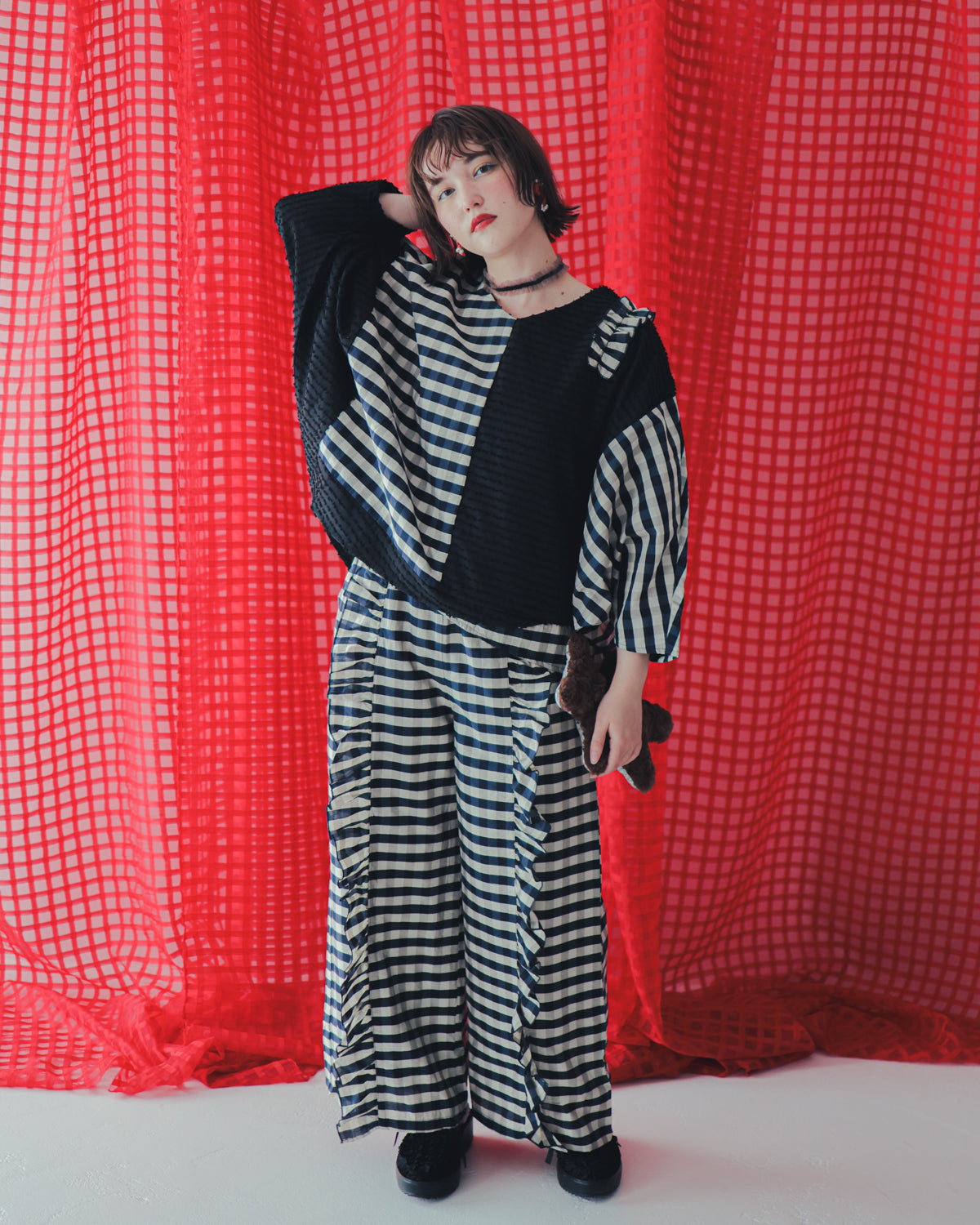 ブロックチェックフリンジドルマンブラウス  ladies  [352-0605-2]