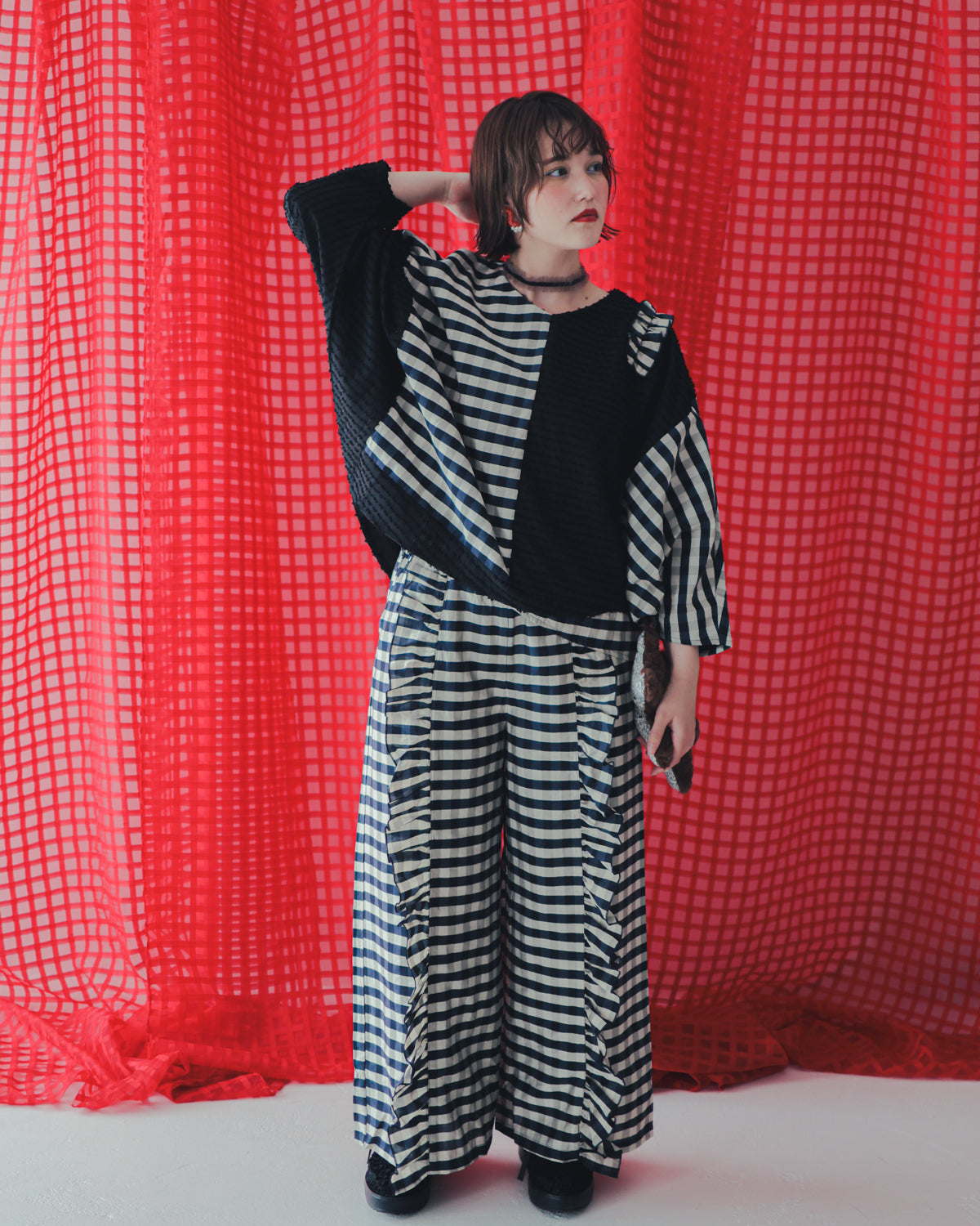 ブロックチェックフリンジドルマンブラウス  ladies  [352-0605-2]