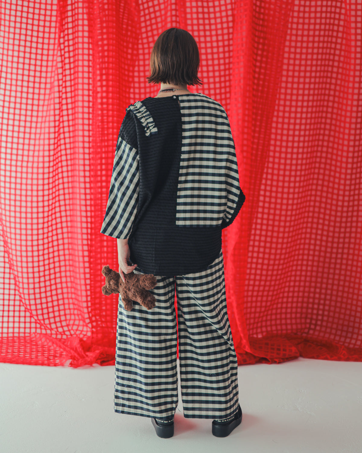 ブロックチェックフリンジドルマンブラウス  ladies  [352-0605-2]